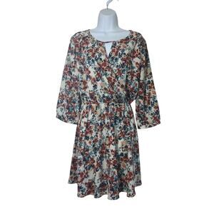 Lush Women's L Dress Mini 3/4 Sleeve Low V-neck Elastic Waist